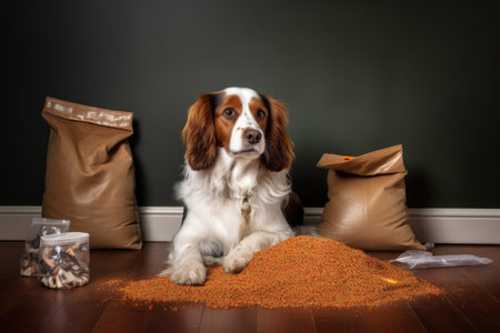 dog sitting beside a spilled bag of dog food, created with generative aiの素材