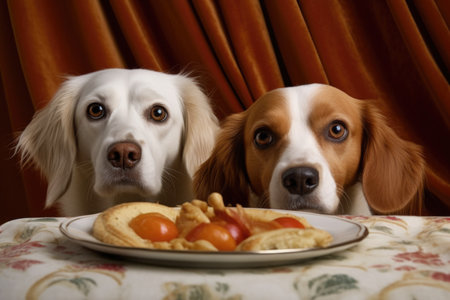 close-up of dogs eyes looking longingly at a plate, created with generative aiの素材