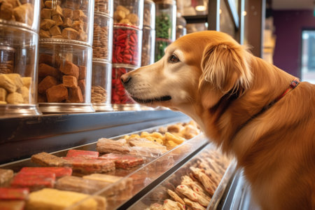 canine sniffing delicious treats in a pet store, created with generative aiの素材