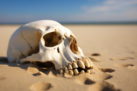 close-up of a bone half-buried in the sand at the beach, created with generative aiの素材