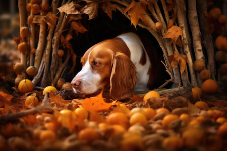 bone hidden in autumn leaves, dog sniffing, created with generative aiの素材
