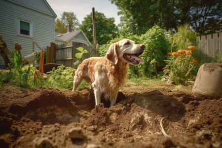 dog digging a hole in backyard for bone, created with generative aiの素材