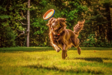 tilted angle of dog and frisbee, capturing motion, created with generative aiの素材