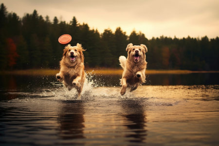 dogs paws splashing water while catching frisbee at lake, created with generative aiの素材