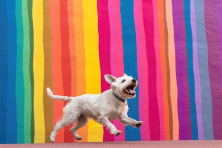 dog chasing tail near a colorful wall as background, created with generative aiの素材