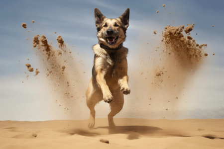 sand flying as dog digs enthusiastically, created with generative aiの素材