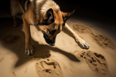 dog leaving paw prints while digging in sand, created with generative aiの素材