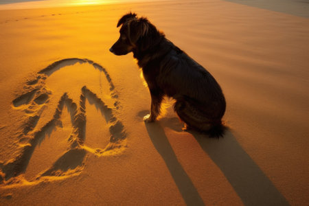 shadow of dog digging in sunset-lit sand, created with generative aiの素材