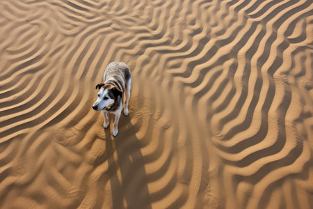 aerial view of dog digging patterns in sand, created with generative aiの素材