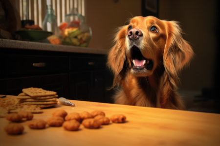 treat in focus, drooling dog in background, created with generative aiの素材