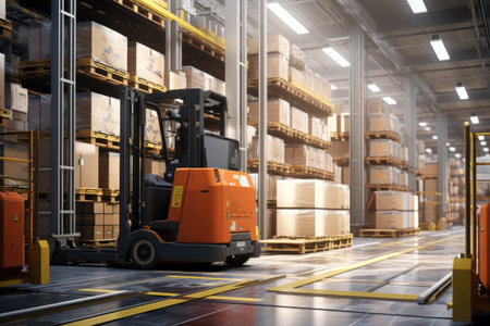 automated forklifts transporting goods in warehouse, created with generative aiの素材