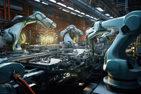 robotic arm assembling parts in production line, created with generative aiの素材