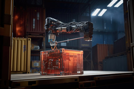 automated robotic arm gripping a container box, created with generative aiの素材
