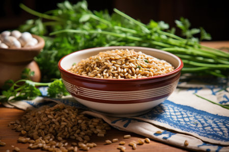 farro grain in ceramic bowl with herbs nearby, created with generative aiの素材