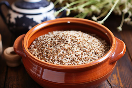 buckwheat groats in a ceramic bowl, created with generative aiの素材