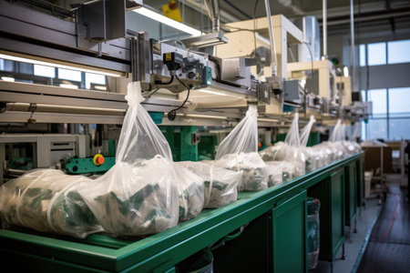 biodegradable plastic bags on a production line, created with generative aiの素材