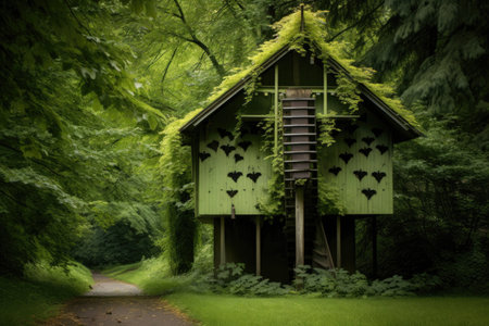 bat house in a lush green park setting, created with generative aiの素材