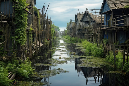 abandoned fishing village with overgrown docks, created with generative aiの素材