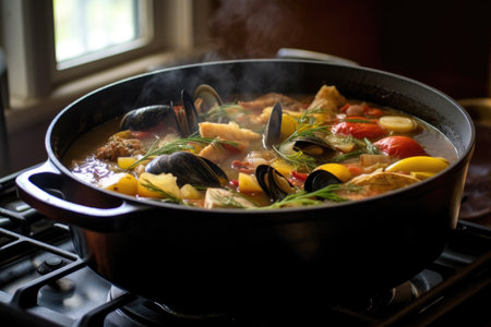 close-up of simmering bouillabaisse in cast iron pot, created with generative aiの素材