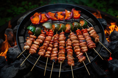 overhead view of shashlik skewers on grill over campfire, created with generative aiの素材