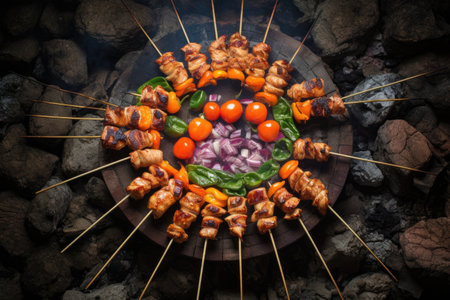 shashlik skewers arranged in circle around campfire, created with generative aiの素材