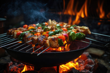 close-up of glowing campfire with shashlik cooking, created with generative aiの素材