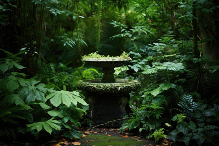 bird bath surrounded by lush green foliage, created with generative aiの素材