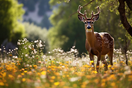 a deer grazing in a wildflower meadow near the garden, created with generative aiの素材