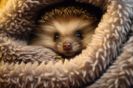 hedgehog curled up under a bushy shelter, created with generative aiの素材