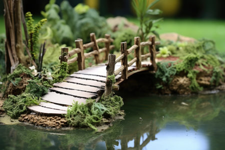handmade wooden pond bridge over a serene pond, created with generative aiの素材