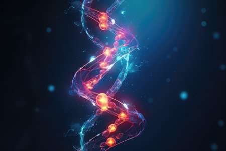 dna helix with glowing nodes representing stored data, created with generative aiの素材