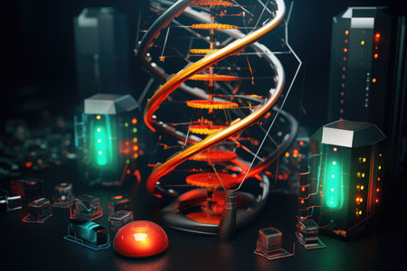 close-up of dna helix with storage devices around, created with generative aiの素材