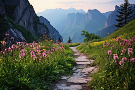 blooming wildflowers along a mountain trekking path, created with generative aiの素材