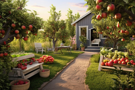 fruit trees in a small home orchard, created with generative aiの素材