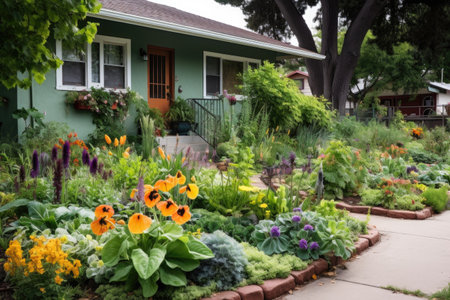 mixed edible and ornamental plants in a front yard, created with generative aiの素材