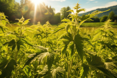 nettle leaves in a sunlit meadow, ready to harvest, created with generative aiの素材