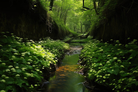 a forest stream lined with wild watercress, created with generative aiの素材