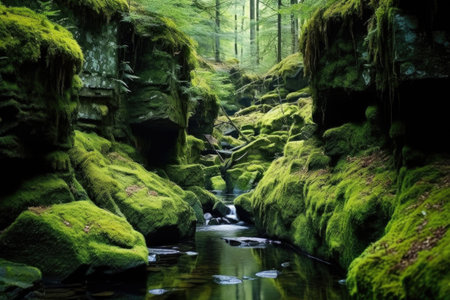 tiny mushrooms growing on a decaying log, created with generative aiの素材