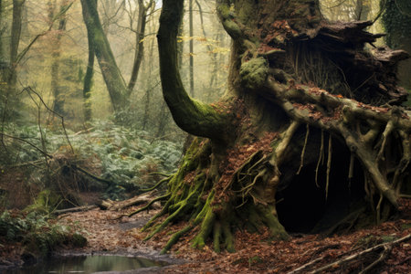ancient twisted tree trunk in dense woods, created with generative aiの素材
