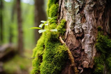 close-up of tree trunk with new growth sprouting, created with generative aiの素材