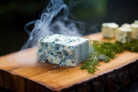 blue cheese on cedar plank with smoke rising from grill, created with generative aiの素材
