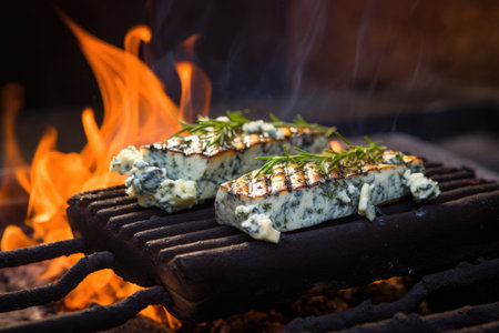 blue cheese sizzling on cedar plank over charcoal grill, created with generative aiの素材