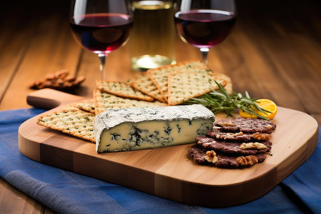 grilled blue cheese on cedar plank with wine and crackers, created with generative aiの素材
