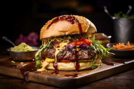kangaroo burger with an assortment of condiments, created with generative aiの素材