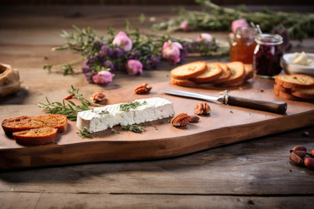 cedar plank with grill marks and ricotta cheese on rustic table, created with generative aiの素材