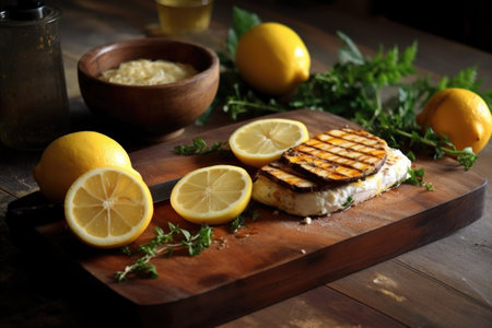 grilled ricotta on cedar plank with lemon slices, created with generative aiの素材