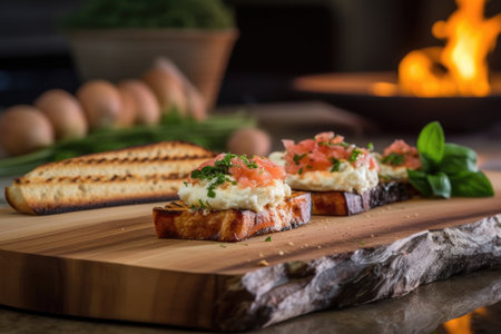 cedar plank with grilled ricotta cheese, flames in the background, created with generative aiの素材