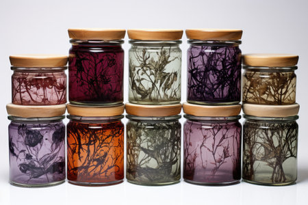 hand-drawn labels on glass jars with dried herbal remedies, created with generative aiの素材