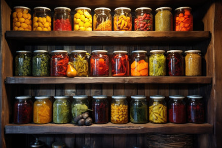 jars of colorful preserved fruits on wooden shelves, created with generative aiの素材