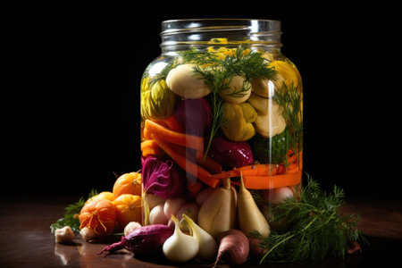 close-up of pickled vegetables in a glass jar, created with generative aiの素材